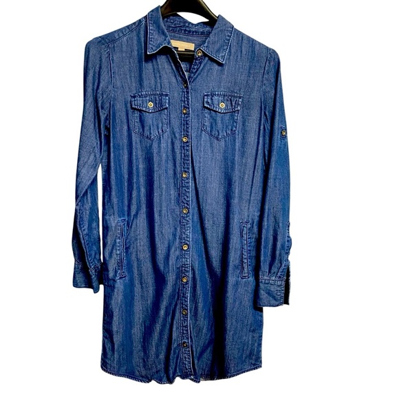 Banana Republic Denim Shirt Dress Size 0 Blue Chambray Roll Tab Sleeve Oversized - Picture 1 of 13